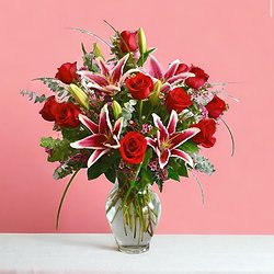 Dozen Red Roses with Pink Lillies